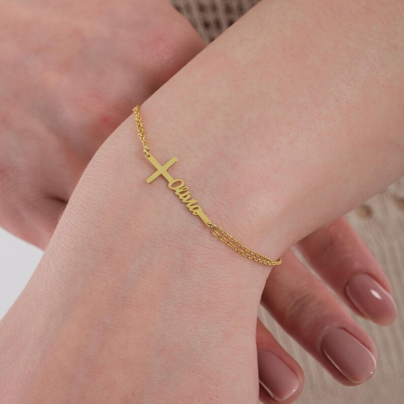 Cross Pendant Necklace Gold - Pulsera de Bautismo Personalizada con Nombre,
