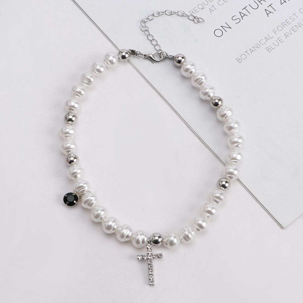 Pearl Choker Necklace Vintage - Collar con colgante de Cruz de