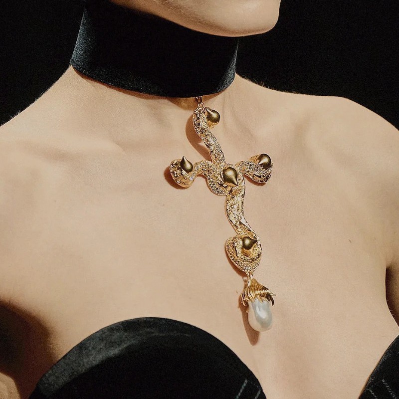 Pearl Choker Necklace Vintage - Collar con colgante de cruz de