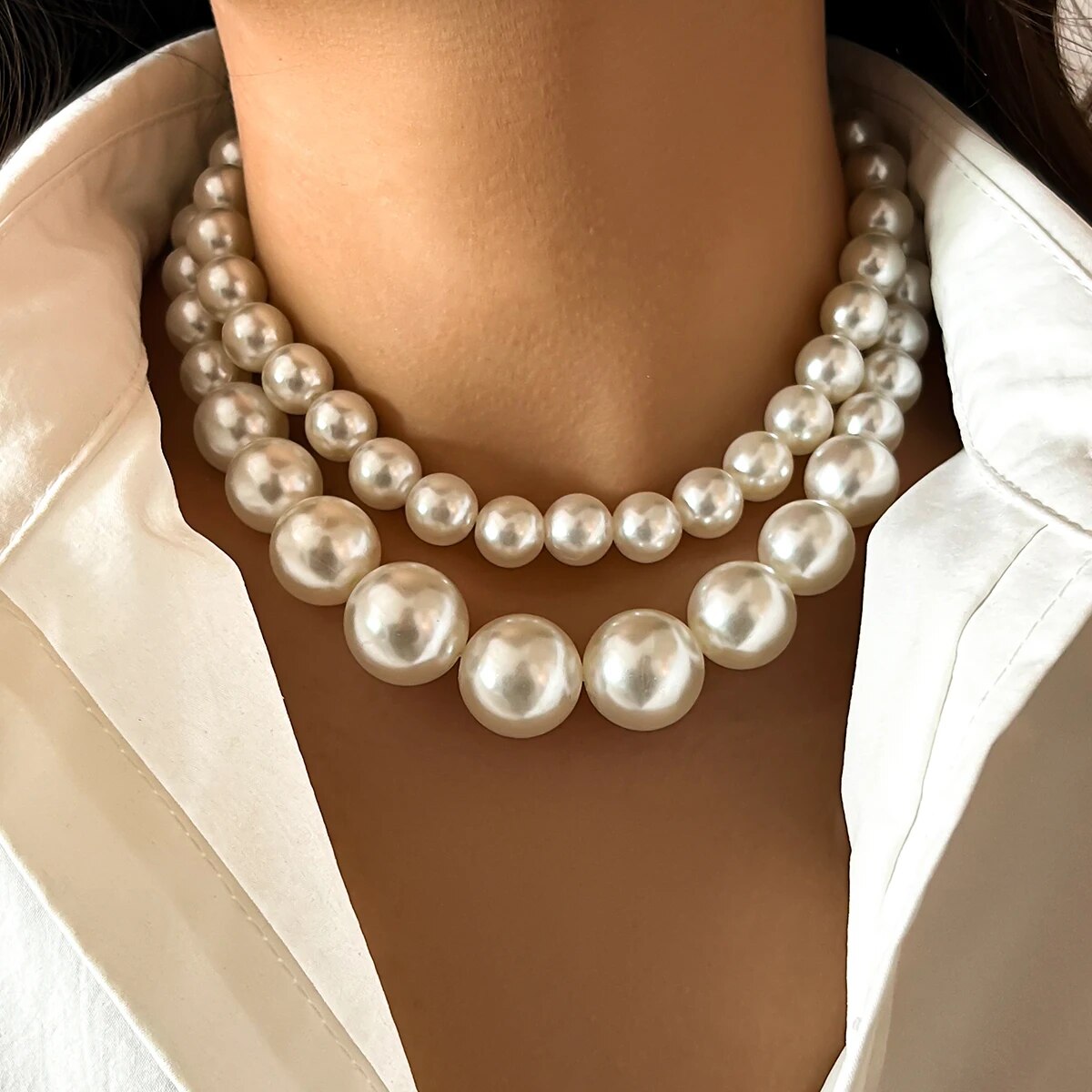 Pearl Choker Necklace Vintage - 2 unids/set exagerado gran perla de