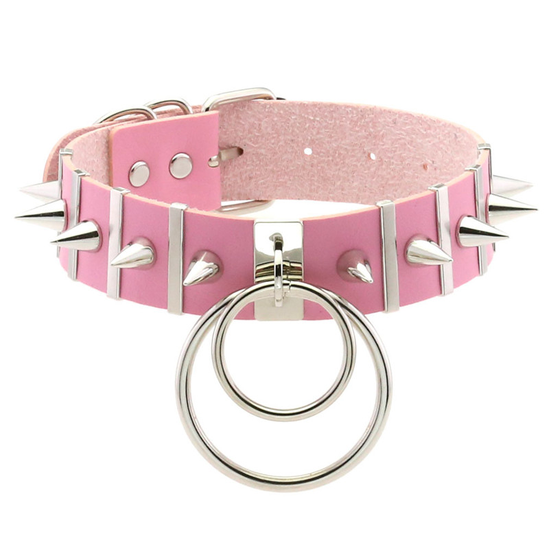 Goth Punk Spike Choker - Gargantilla con puntas de Bondage rosa,